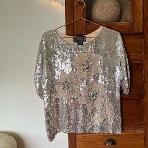 Disco 80s sequin top 100% silk glam silver sequin beaded